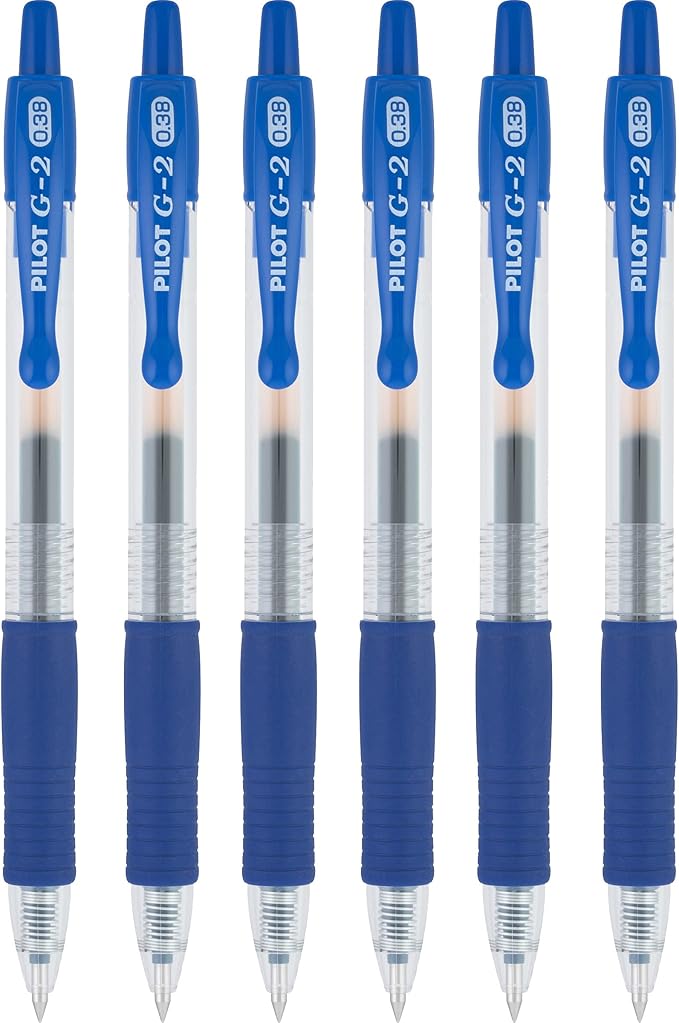 Pilot G2 Retractable Rollerball Gel Pens, Ultra Fine Point, 0.38mm, Blue Ink, 6 Count