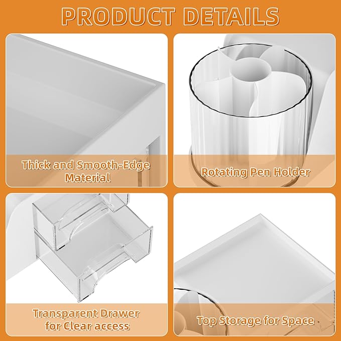 Marbrasse Desk Organizer with 2 Drawer, 360°Rotating Pen Holder, Desk Organizers and Accessories with 6 Slots Pencil Organizer + 2 Drawer, Art Supply Storage Box Caddy for Office (White)