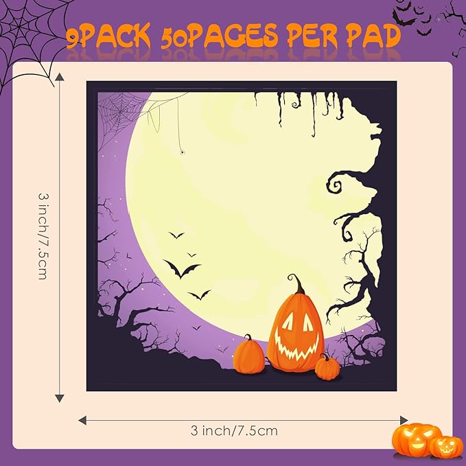 9 Pieces Halloween Sticky Note Halloween Note Pads 450 Pieces of Self Adhesive Removable Memo Pads, 50 Sheets Each for Halloween School Office Home Students Teacher Presents