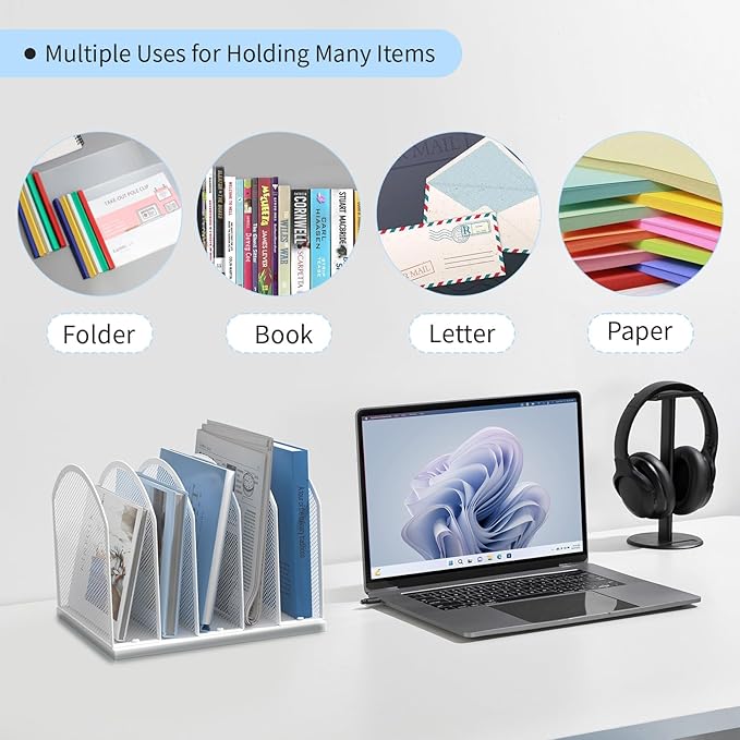 5-Section Vertical Desktop Organizer, 5-Section Mesh File Folder Stand Sorter for Office Home Classroom Organization (1, White)