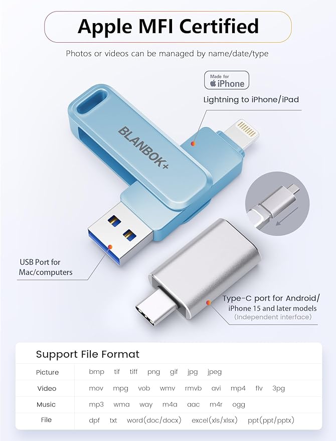 MFi Certified 256GB Photo Stick for iPhone Flash Drive,USB Memory Stick Thumb Drives High Speed USB Stick External Storage Compatible for iPhone/iPad/Android/PC (Blue)