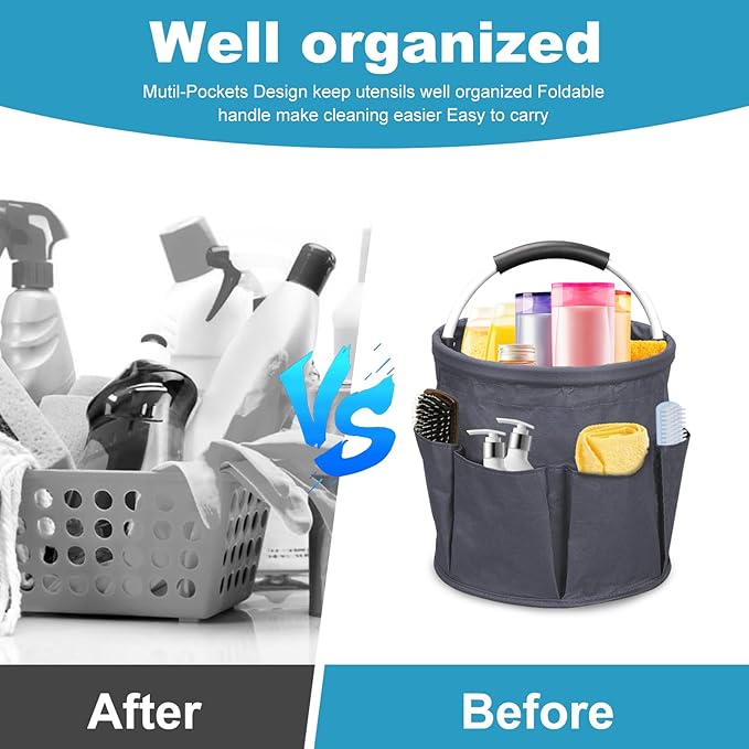 Cleaning Caddy with Handle, 17L Cleaning Supply Caddy Foldable Bucket Organizer Cleaning Products Organizers Cleaning Tools Bag 4.5 Gallon (Dark Gray)