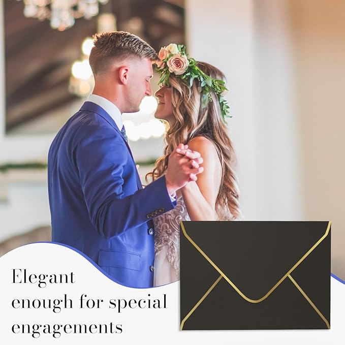 Black 5x7 Envelopes 50 Pcs, Goefun A7 Envelopes for Invitation, V-Flap with Gold Border for Baby Shower, Graduation, Announcements, 5.25 x 7.25 inches