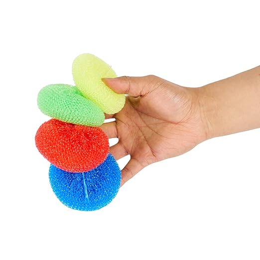 Restaurantware Plastic Dish Scrubbers 40 Pack 2.953 x 2.953 x 0.984 Inches Durable Non-Scratch Scrubbers Plastic Mesh Cleaning Pads Easy Grip Assorted Colors for Multi-Surface Cleaning