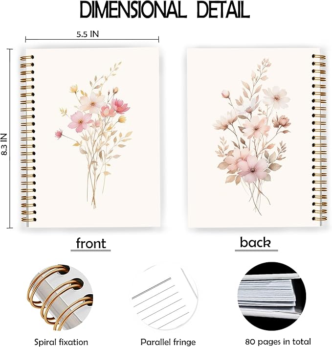 JWVK Pink Floral Spiral Notebook, Cottagecore Wildflower Notebooks for Note Taking, Rustic Wild Flower Botanical Journal for Writing, Pink Aesthetic Office Supplies, 5.5x8.3 Inch