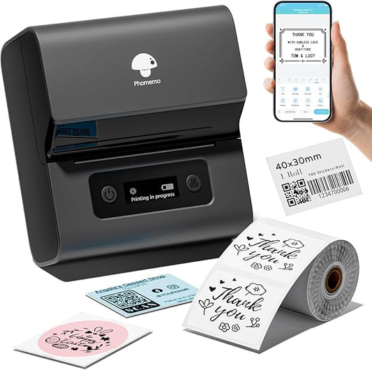 Phomemo Label Makers- Barcode Label Printer M221 3 Inch Label Maker Bluetooth Thermal Printer for Small Business/Home Use, for Barcode, Address, Logo, Stickers, Compatible with Phone & PC, Gray