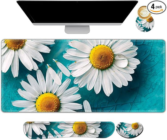 ARTSO Large Gaming Mouse Pad Set, Keyboard Wrist Rest Support + Mouse Wrist Cushion + Extended Mousepad + Coaster, 35x15.5in Multifunctional Desk Mat 4pcs, Cute Daisy