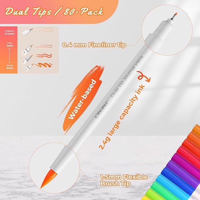 Ohuhu Markers for Adults Coloring Books 80 Colors Coloring Markers Pens for Journaling Water-Based Dual Tips Extra Fine & Brush Art Markers for Calligraphy Lettering Card-making