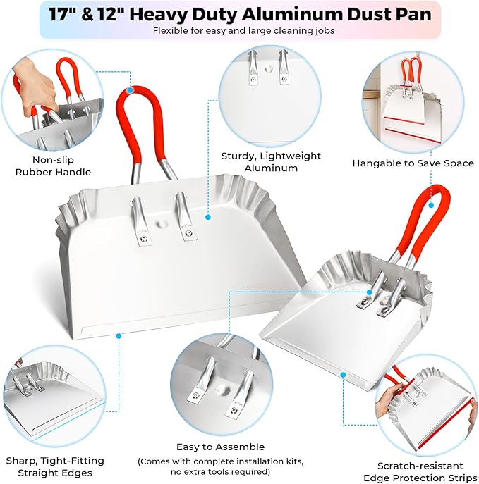 HexDorn 2 Pack Metal Dust Pan 17" and 12", Aluminum Heavy Duty Dust Pans with Non-Slip Rubber Handle, Large and Small Dustpan Set, Lightweight for Sweeping, Garage, Leaf, Household & Outdoor Cleaning
