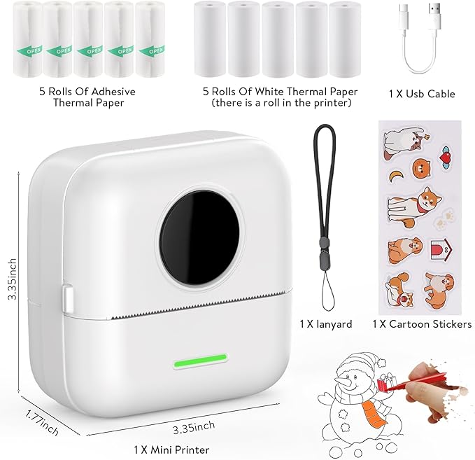 HuiJuKeJi Mini Sticker Printer Bluetooth Smart Pocket Inkless Thermal Printer with 11 Rolls Thermal Paper and Sticker for iOS&Android, Portable Receipt Printer for Photo Journal Notes Memo