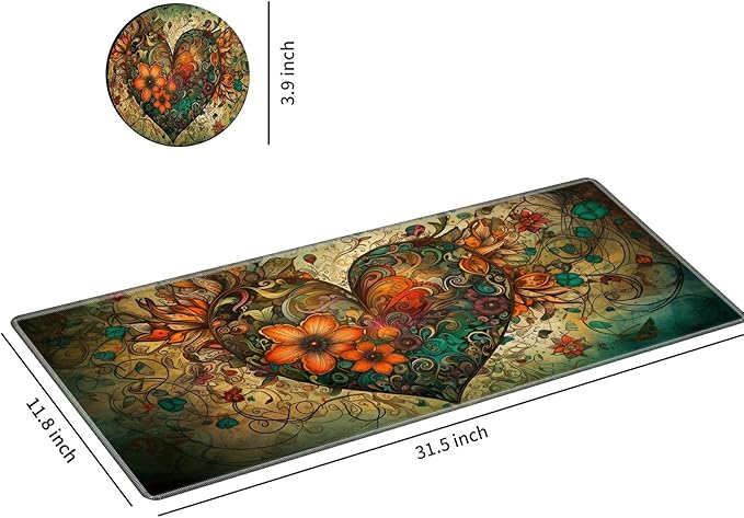 Extended Gaming Mouse Pad with Stitched Edges, Long XL Mousepad Desk Pad Keyboard Mat Water-Resistant for Work/Gaming/Office/Home, Koi Fish Heart-Shaped Flowers + Coasters and Stickers
