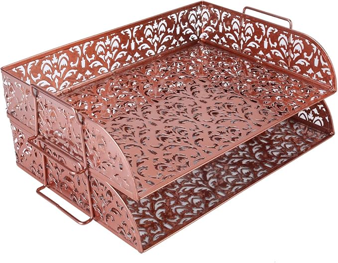 EasyPAG Paper Organizer for Desk 2 Tier Stackable Paper Tray for A4 Legal Size Folders Metal File Storage Desktop Organizer for Home Office School Teacher, Pink