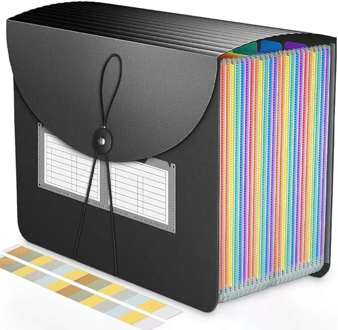 Accordion File Organizer Expanding File Folders,25 Pockets Document Organizer,Plastic Accordian File Folder,Expandable Bill Paper Documents Receipt Filing Box,A4 / Letter Size,2 Colored Tabs
