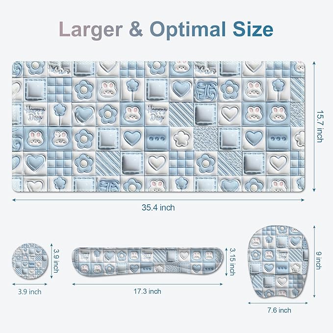 4 in 1 Large Mouse Pad, Keyboard Wrist Rest Set, Ergonomic Mouse Pad with Wrist Support, Desk Mat with Stitched Edges Extended Desk Pad Waterproof Desk Mat for Home Office Game I Cute Rabbit Baby Blue