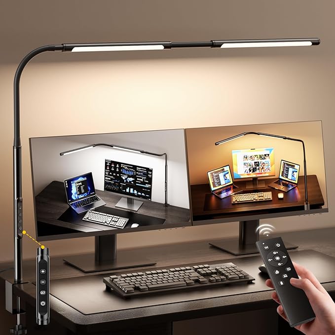 LED Desk Lamp for Home Office, Eye-Caring Desk Light with Adjustable Gooseneck, Dual Screen Computer Monitor Light with Stepless Dimming, Stepless Color Temp, Memory Function for Study, Workbench