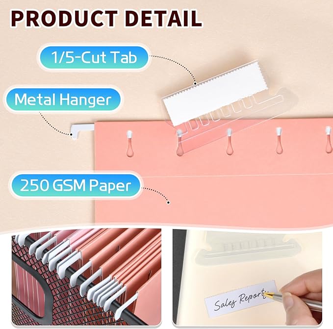 25-Pack Pastel Hanging File Folders, Letter Size (8.5"x11") with 1/5-Cut Tabs,25 Transparent Label Cards, 25 Sticker Labels–Home Office & Filing Cabinets