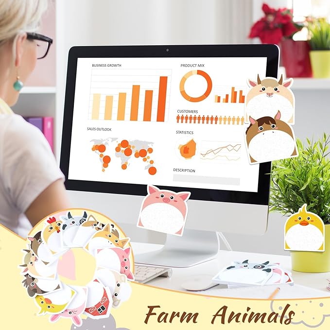 Yinder 24 Pads Cute Sticky Notes Kawaii Fun Animal Sticky Notes Pads Bulk Cartoon Memo Self Adhesive for Veterinary Gift Office School Tab Party Supplies(Farm Animals)