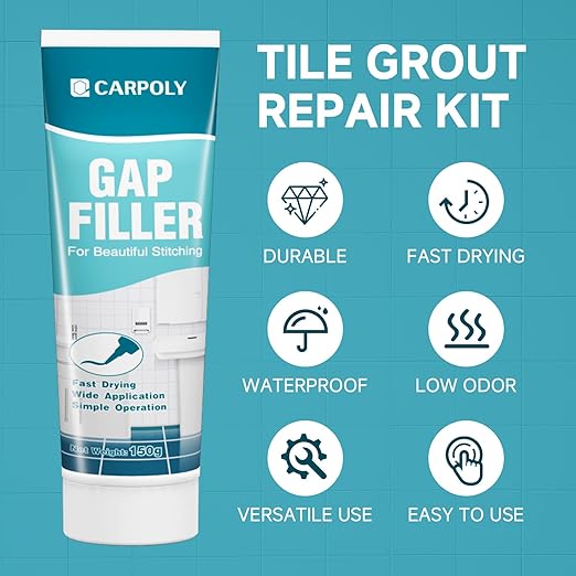 CARPOLY Tile Grout Repair Kit, White Grout Filler for Bathroom, Kitchen, Rstore & Renew Tile Joints Line, Triple Protection, Fast Drying Shower Grout with Tools(White, 5.29oz/150g)