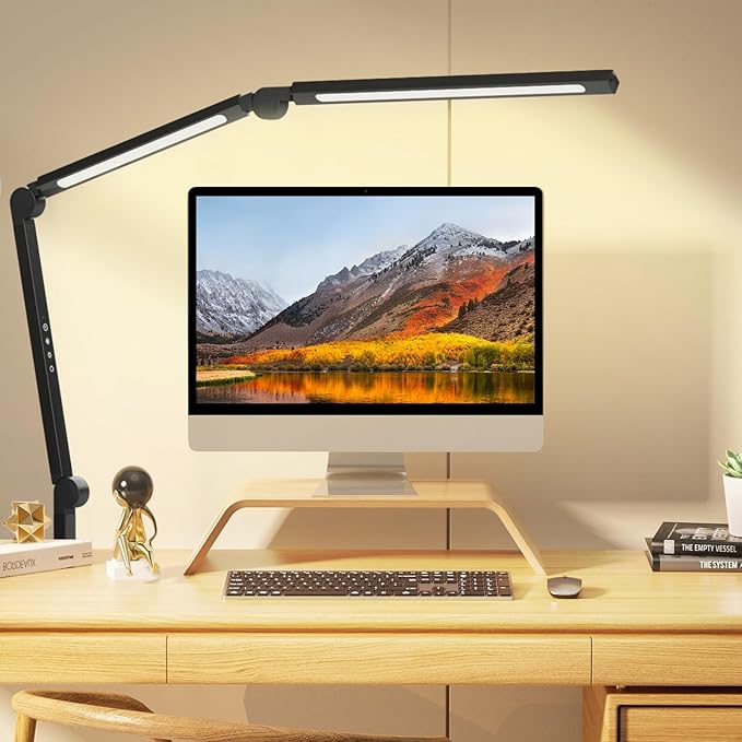 LED Desk Lamp with Clamp, Adjustable Swing Arm for Home Office, Dimmable Tempering Eye Care, Bright Modern Led Table Lamp for Nail Tech Architect, Flexible Tall Task Table Light