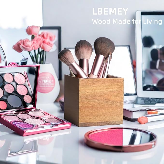 Acacia Wood Makeup Brush Holder Organizer for Vanity,Pen and Pencil Holder for Desk,Desktop Organizer for Store Marker, Makeup Brush, TV Remotes