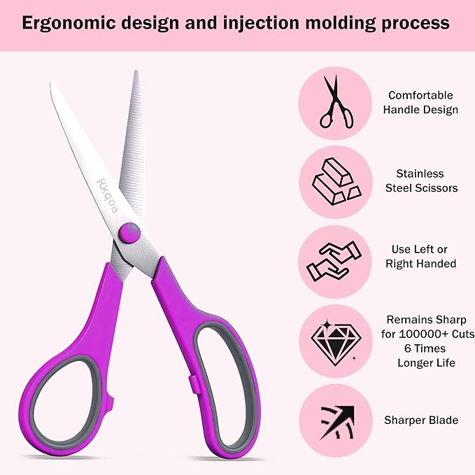 Pink Scissors Pack, Rkqoa 8" All Purpose Scissor - High Performance and Designed for Everyday use, Stainless Steel Shears Set with Comfort Grip, Right/Left Handed