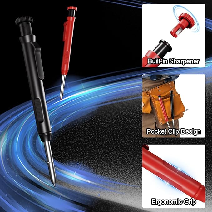 HAUTOCO Mechanical Carpenter Pencils Set with Sharpener & 26 Refills for Construction, Solid Deep Hole Marker Heavy Duty Woodworking Tools Mechanical Pencils for Architect with Case (Black, Red)