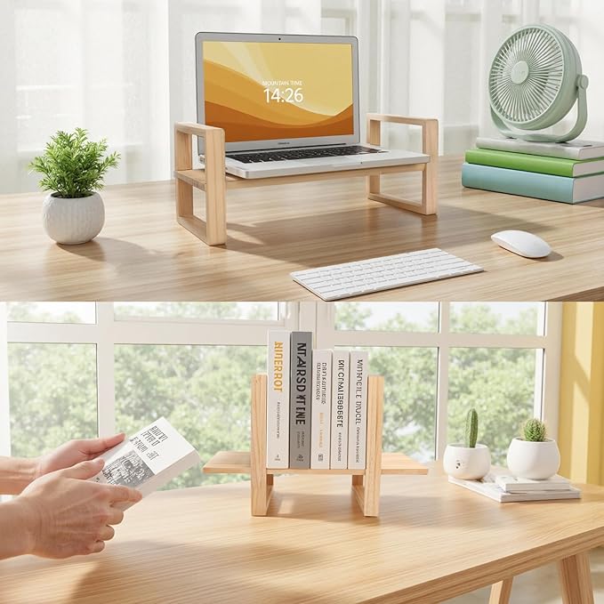 Desk Organizer Adjustable & No Assembly Needed, Solid Pine Wood, Desktop Shelf Holds up to 130lbs for Office, Books, Bathroom Storage, Organization-Pine Nature Wood Color