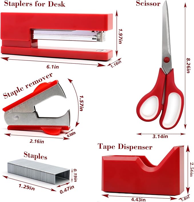 Red Office Supplies,UPIHO Red Desk Accessories,Stapler and Tape Dispenser Set for Women with Stapler,Tape Dispenser,Staple Remover,Staples,Push Pins,Scissor and Pocket Notebook,Gift for Office Clerks