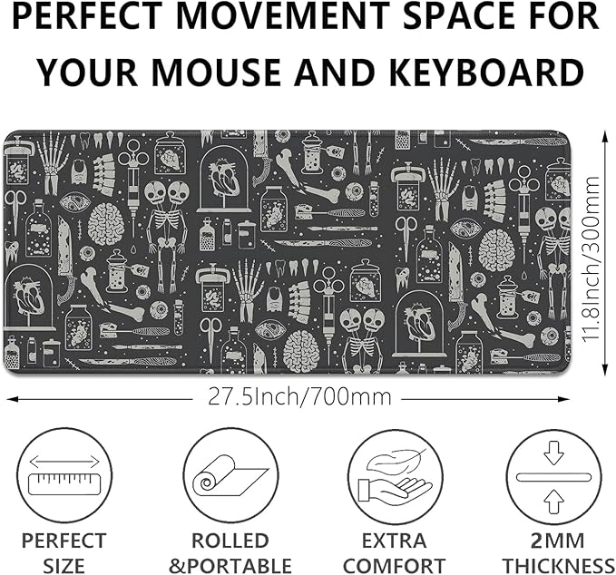 Human Skeleton Medical Mouse Pad,Large X Ray Mousepad Desk Pad with Stitched Edges,Non-Slip Waterproof Rubber Base Mouse Mat for Office Computer Keyboard Laptop Home(27.5x11.8 in)