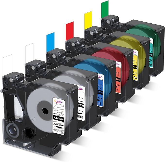 Anycolor 6-Pack Replace for Dymo D1 Label Tape 1/2" dymo Label Maker Refills D1 45013 45010 45016 45017 45018 45019 for LabelManager 160 280 PnP 360D 210D 420P COLORPOP Labeler, 12mm x 7m
