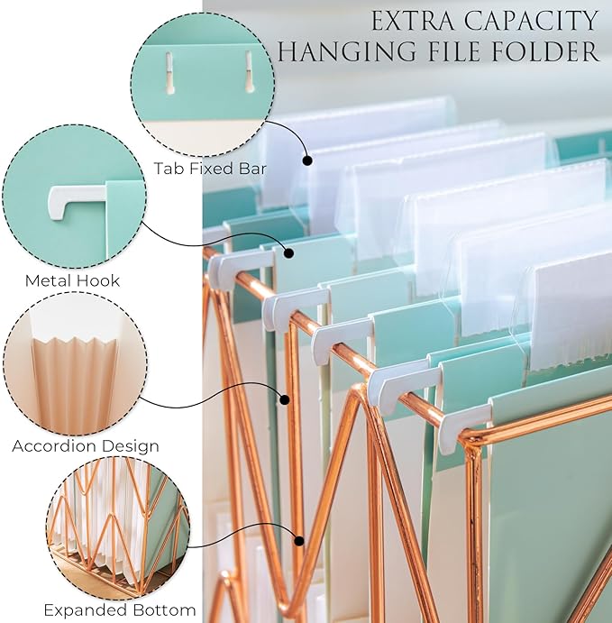 Y YOMA Letter Size - 24 Pack Extra Capacity Hanging File Folders Accordion Decorative Reinforced File Folder Cute Colored Expandable Folder for Office Home with 1/5-Cut Adjustable Tabs, Teal Blue