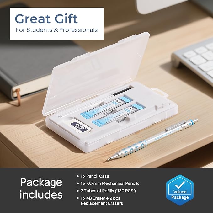 Nicpro Blocky Gear 0.7 mm Mechanical Pencils Set in Case, Metal Pencil with Lead Refills, Eraser for Professional & Adult Art Writing Drafting Drawing