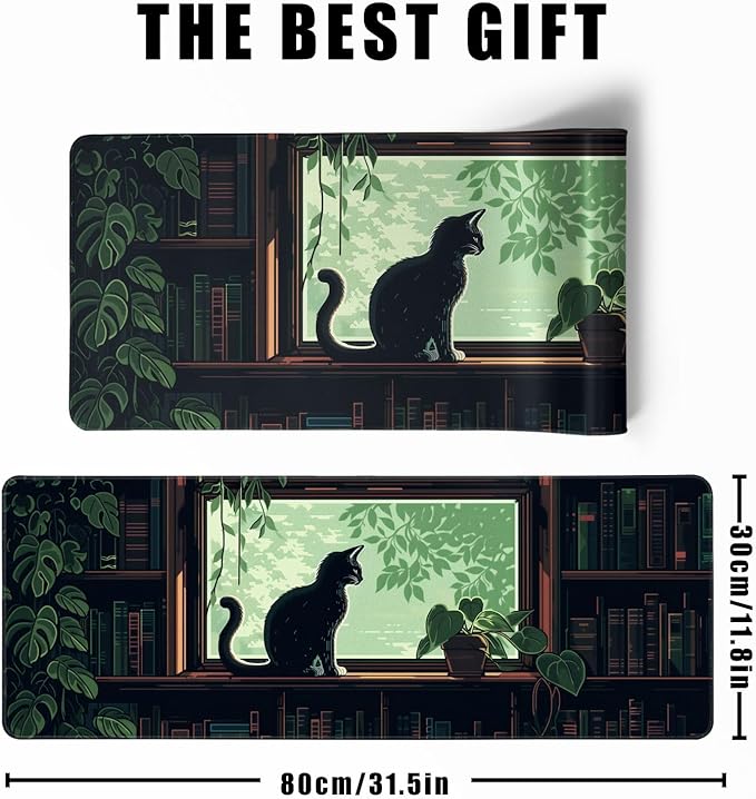 XL Mouse Pad Gaming Kawaii Cute Pixel Cat Outdoor Extra Large Mousepad (31.5x11.8 in), Green Desk Mat Anime Pad Home Office Decor Mouse Pad Stitched Edges Smooth Surface Non-Slip Bottom Mat