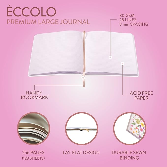 Eccolo 8x10 Large Journal Notebook with Debossed Floral Cover Design, 256 Ruled Ivory Pages, Sturdy Hardcover, Ribbon Bookmark - Perfect for Writing, Journaling, Note-Taking, and More