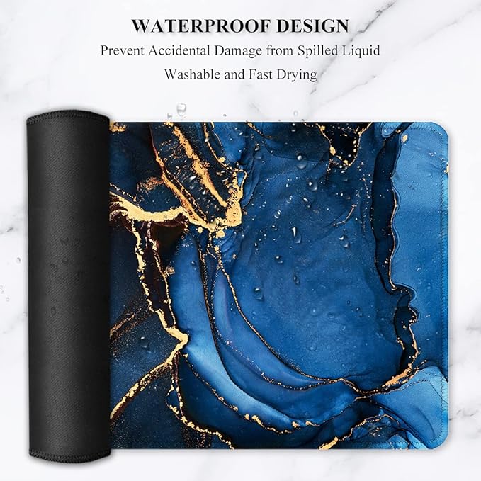 Auhoahsil Large Mouse Pad, XXL Desk Pad, Extened 35" x 15", Non-Slip Rubber Base, Stitched Edges, Superior Surface, Waterproof Keyboard Mat, Large Mousepad for Gamer, Office & Home, Dark Blue Marble