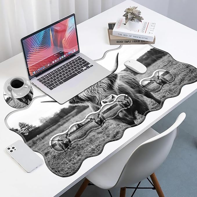 Office Mouse Pad Set with Wrist Support, Large 31.5"x11.8" Desk Mat, Ergonomic Memory Foam Keyboard Wrist Rest, Non-Slip Durable Mouse Pad for Work & Home, Highland Cow