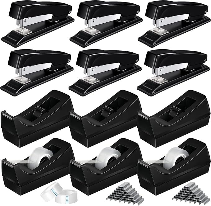 Thenshop 12 Pcs Desk Staplers Tape Dispensers Sets Black Staplers for Desktop Office with Standard Staples Black Holder with White Tape for Office School