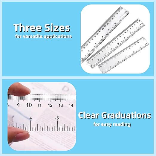 3 Pack Transparent Plastic Ruler, 6 Inch 8 Inch 12 Inch Ruler Set Straight Measuring Tools with Centimeters and Inches for School Home and Office Supply