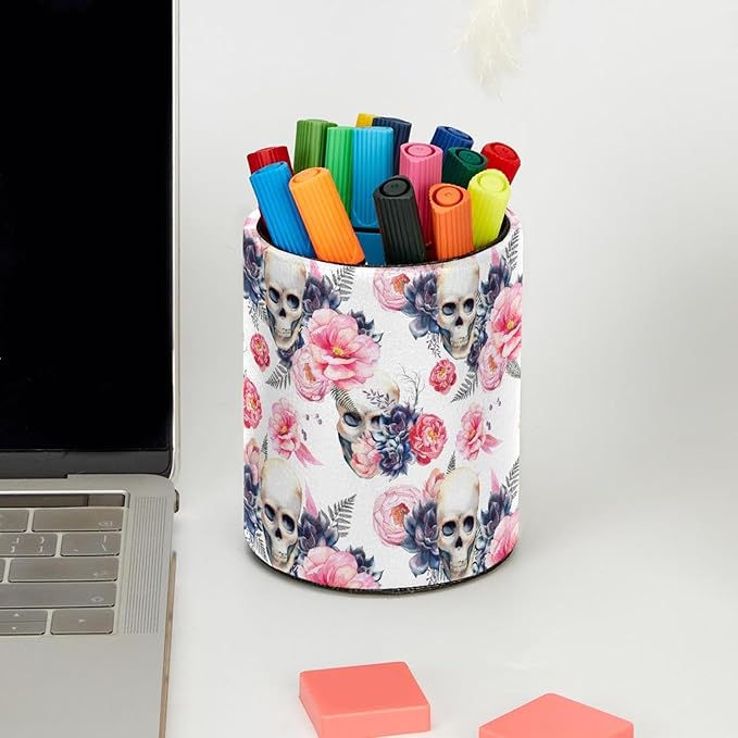 Pen Holder Cup Pencil Cup Holder for Office Watercolor Skull and Peonies Flowers Desk Organizer