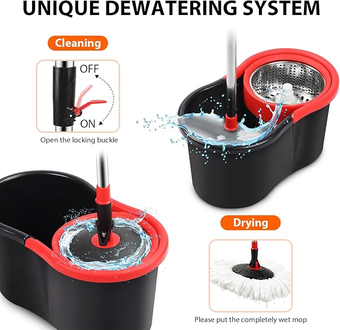 Spin Mop and Bucket with Wringer Set,360° Mop and Bucket System with One Microfiber Mop Refills and 50" Extended Handle for Floor Cleaning (Black)