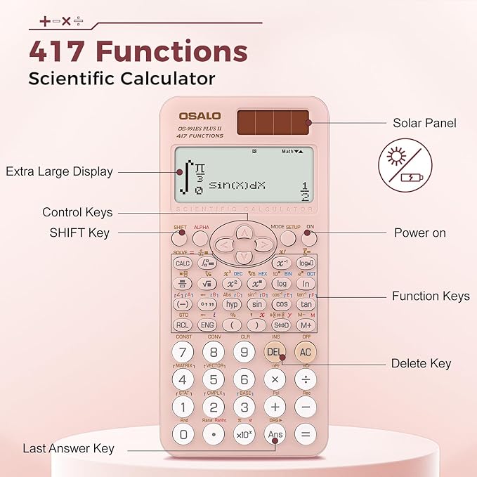 OSALO Scientific Calculator 417 Function 2 Line Written Display 10+2 Digits Solar and Battery Calculators for Students Secondary School College Pink (OS 991ES II)