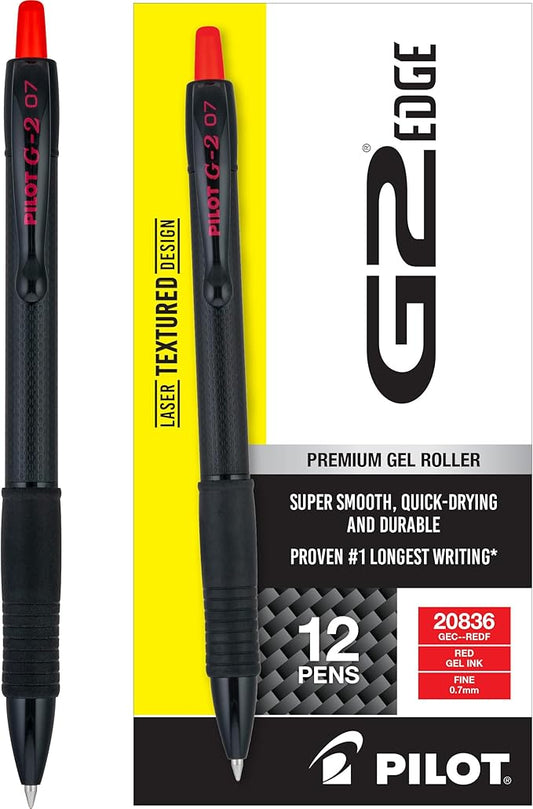 PILOT G2 Edge Red Premium Gel Roller Pens, 0.7 mm Fine Point Pens, Sensory Writing Experience, 12ct Box - Ideal for School, Journaling & Office Writing