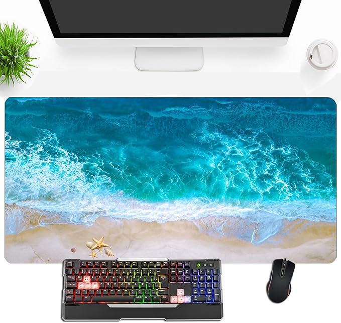 Blue Ocean Mouse Pad Desk Mat Starfish Beach Big Gaming Mouse Pad Anime Desk Pad Mousepad XXL Extended Keyboard Mat, Computer Laptop Mouse Mat for Work, Game, Office, Home, Waterproof, 31.5 x 15.7 in