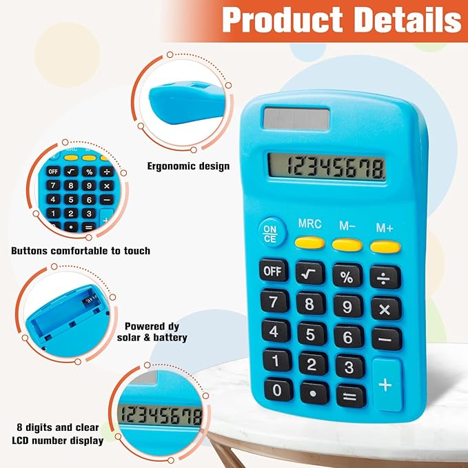 18 Pack Pocket Size Mini Calculator, Solar Battery Dual Power, 8 Digit Display Basic Calculator, Multicolor