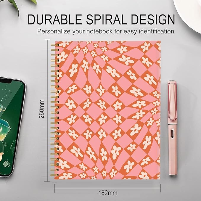 Spiral Journal Notebook for Women,A5 College Ruled Notebooks 6"x 8.4", 120 Pages Lined Journal with Premium Thick Paper,Perfect for School Office Home Gifts(Checkered flowers)