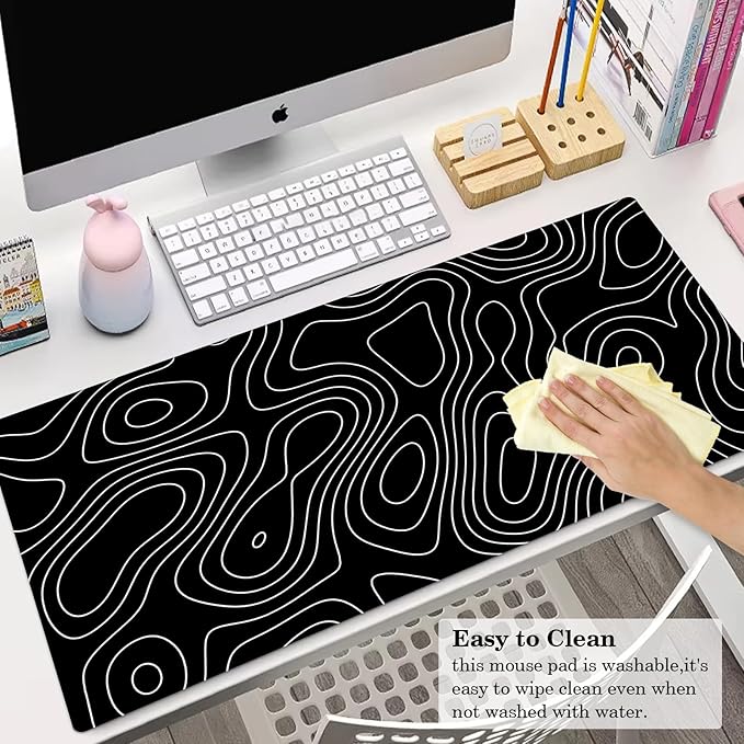 Black Topographic Desk Pad Protector, Stitched Edges Mouse Pad, Large Office Desk Mat, Non-Slip Desk Blotter, Laptop Desk Pad, Desk Writing Pad for Office and Home (31.5" x 15.7 ")