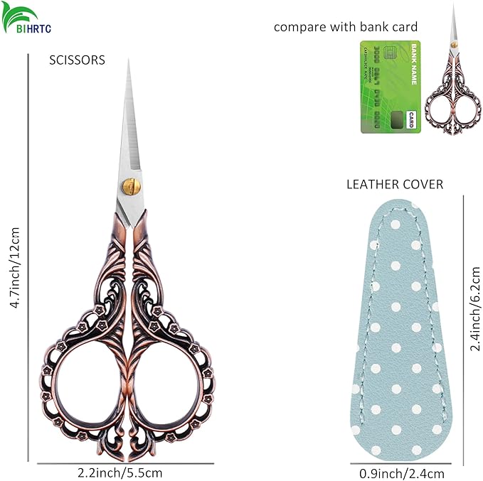 BIHRTC 4.5Inch Small Sewing Scissors Cross Crochet Scissor with Artificial Leather Cover Stainless Steel Tip Top Threading Scissors for Embroidery Needlework Craft Artwork