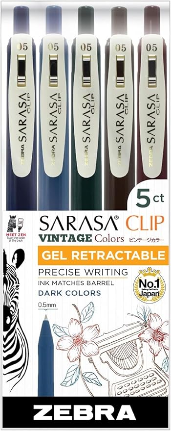 Zebra Pen Sarasa Clip Retractable Gel Pen, 0.5mm Fine Point, Dark Assorted Colors, Ideal for School Supplies and Teacher Supplies, 5-Pack (47455)