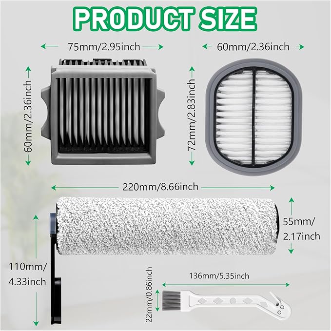 Only Floor ONE S5Combo Roller Brush Replacement and Vacuum Filter Kit Compatible with Tineco Floor ONE S5Combo Smart Wet Dry Vacuum Replacement Parts,2 Roller Brushes,2 HEPA Filters,1 Cleaner Brush