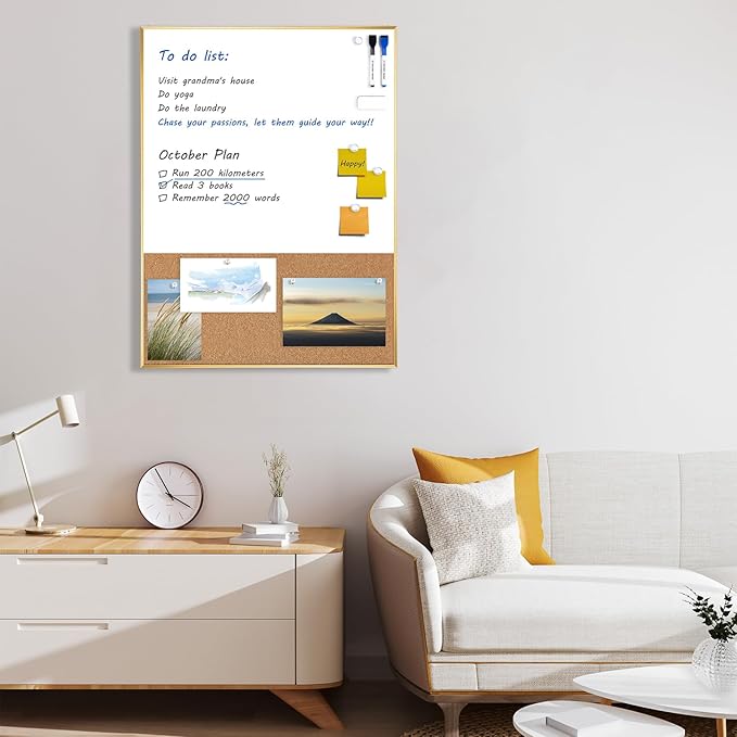 ARCOBIS Dry Erase Cork Board Combo, 24"X18" Bulletin White Board for Wall, Magnetic Corkboard Whiteboard Combination, Vision Board for Office, Home, School Gold Frame